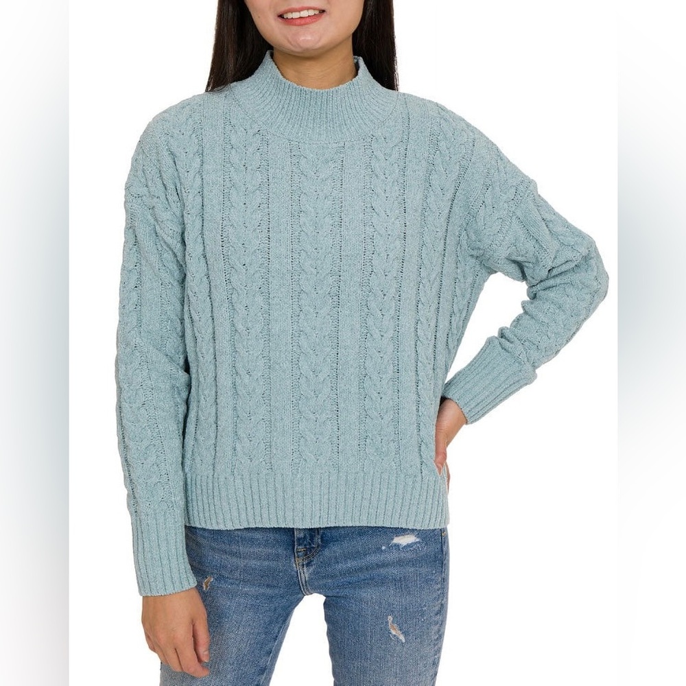 Hippie Rose Light Blue Cable Knit Turtleneck Sweater